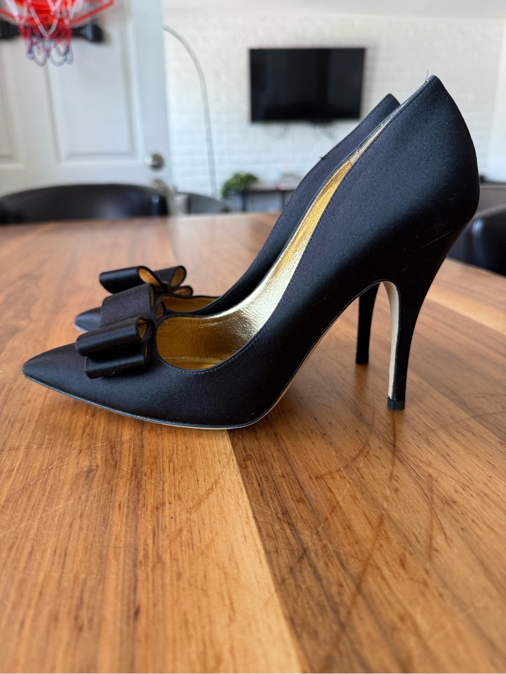 kate spade Black Satin Pointed-Toe Pumps with Bow
